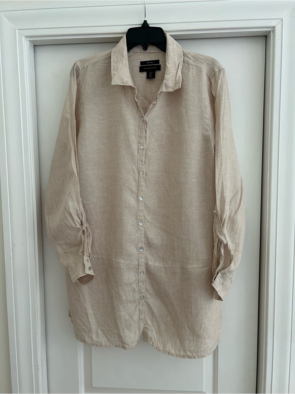 Tahari 100% Linen Light Beige Linen Button-Front Tunic
